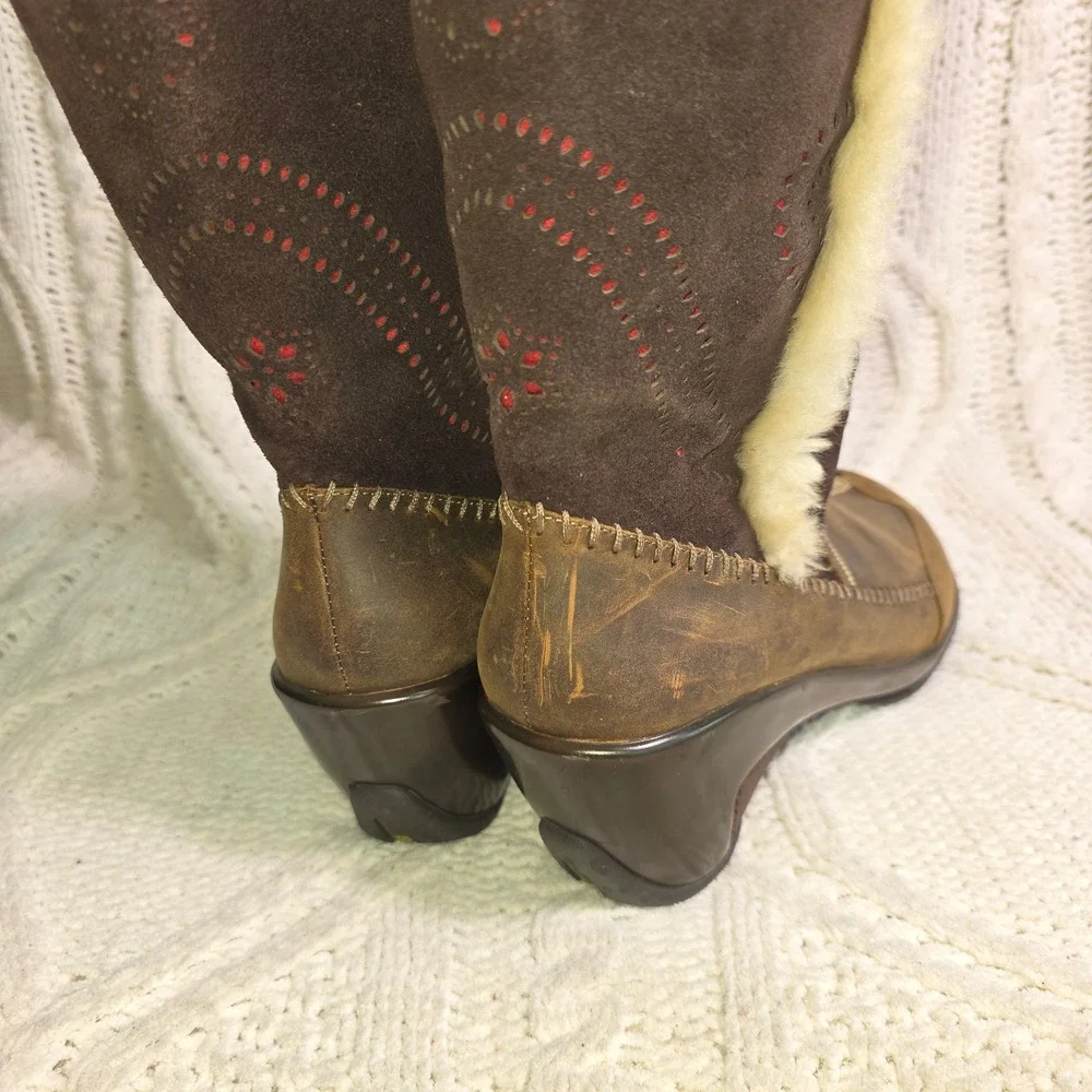 J-41‎ Naples Mid Calf Boots Winter Brown Suede Leather Faux Fur Lining Women 8M
